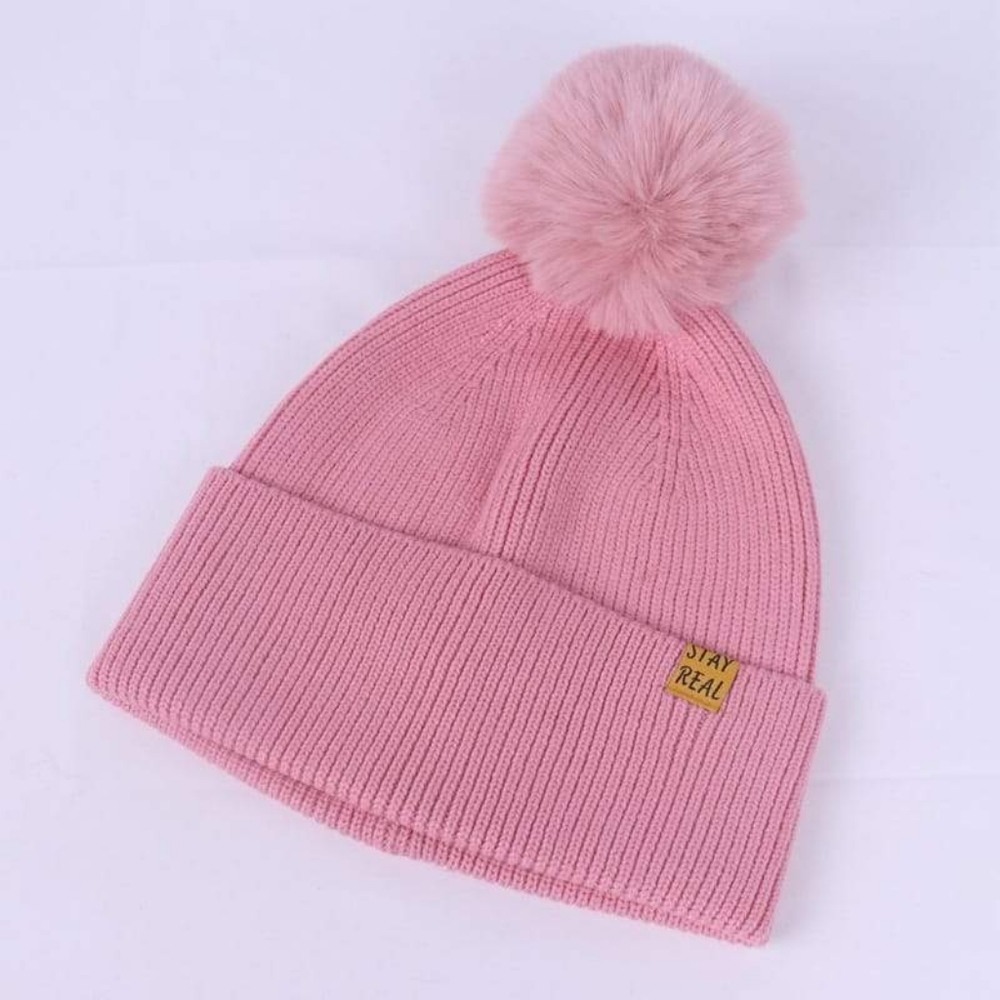 Women's Pink Knit Hat With Pom Pom & Matching Mask - Picture 6 of 13